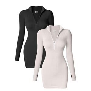OQQ Small Dresses Sexy Ribbed Zip Front Long Sleeve Tops Mini Dress - Lot Of 2